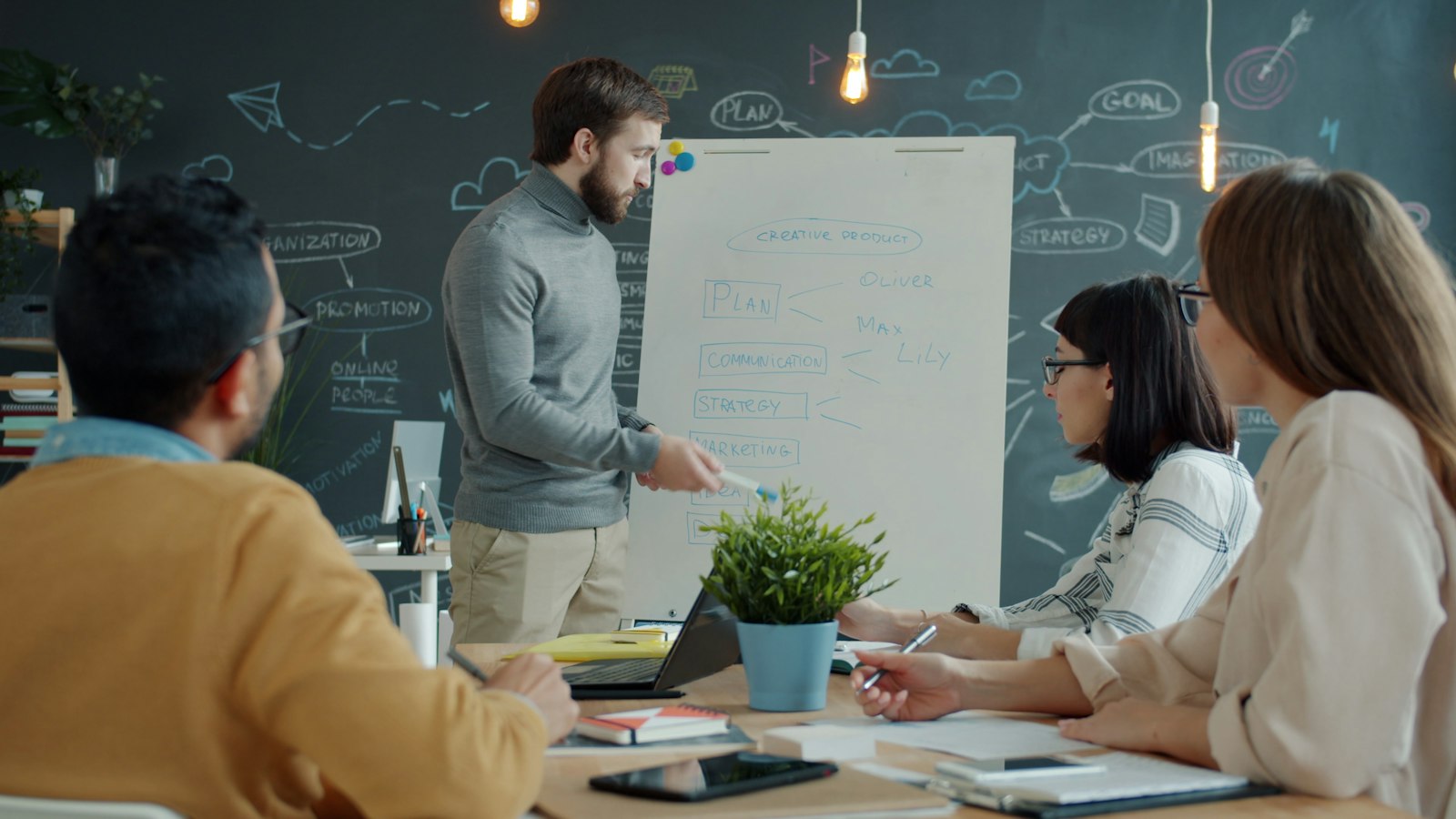 A team collaborating around a whiteboard, mapping out a customer experience automation strategy